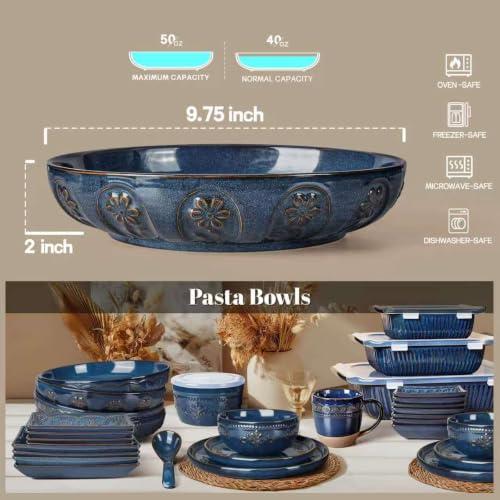 Pasta Bowls, 50oz Large Salad Serving Bowls, 9.75'' Plates Bowls Set of 4, Big Ceramic Soup Bowls for Kitchen, Embossment Shallow Dinner Bowl, Microwave Dishwasher Safe, Pinwheel Flower, Blue - color: Blue (Pinwheel Flower)