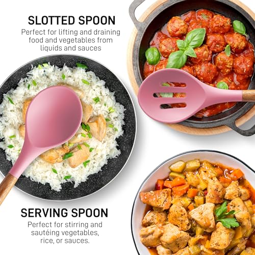 Zulay Kitchen 5 Piece Silicone Utensil Set | Non-Stick Silicone Cooking Utensils Set with Acacia Wood Handles - 464°F Heat Resistance Kitchen Utensils Set - Pink - color: Pink, size: 5-Piece Set