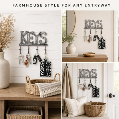 Comfify Gray Cast Iron Key Holder for Wall – Keys Sign with 4 Hooks | Neutral gray versatile finish; mounting hardware included; entryway, hallway or door; 6"H x 8"L; holds 8 keychains - color: Gray