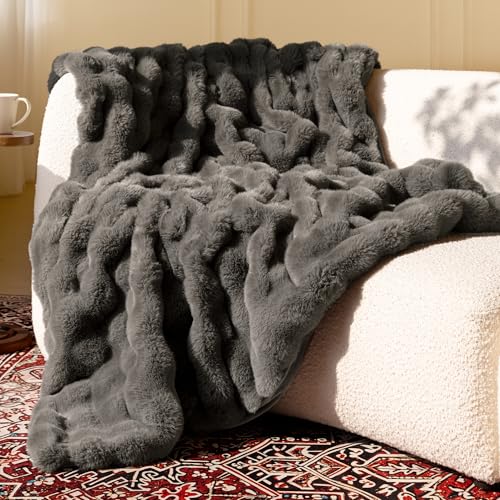 Ultra Soft Cozy Faux Fur Throw Blanket-Fuzzy Plush Thick Bubble Blanket, Fluffy Blanket for Couch, Sofa, Bedroom, and Living Room, 50x60 Inches, Dark Grey Taupe - color: Bubble Dark Grey, size: Throw