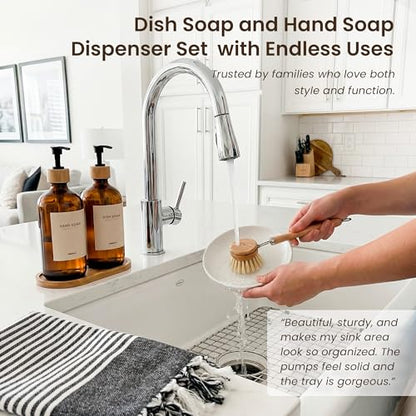 MaisoNovo Glass Dish Soap Dispenser for Kitchen Set of 2-16.9oz Amber Dish and Hand Soap Dispenser Set for Kitchen - Amber Glass Bottles x 2 with Black Bamboo Pumps & Tray - color: Amber Bottles/Black Bamboo Pumps