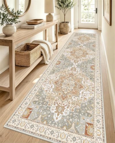OLANLY 2'6"x12' Washable Runner Rug, Non Slip Carpet for Hallway Kitchen | Beige Boho Vintage Floral Medallion Farmhouse Rug Spill & Stain Resistant Low Pile for Entryway Laundry Room Mudroom Corridor - color: Beige, size: 2'6" x 12' (Runner)