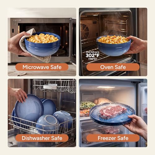 SMIRLY Stoneware Dinnerware Set for 4, 12 pcs Plates and Bowls Set, Blue | Chip and Scratch Resistant, Microwave, Dishwasher & Oven Safe, Non Toxic Plates Set, Ceramic Dish Set for Everyday Meal - color: Blue