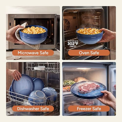 SMIRLY Stoneware Dinnerware Set for 4, 12 pcs Plates and Bowls Set, Blue | Chip and Scratch Resistant, Microwave, Dishwasher & Oven Safe, Non Toxic Plates Set, Ceramic Dish Set for Everyday Meal - color: Blue