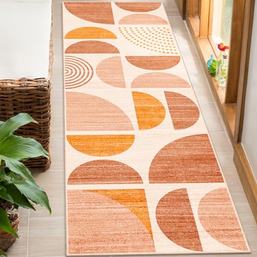 Boho Runner Rug Washable,2x6 Area Rugs Non Slip Modern Abstract | Long Throw Carpet for Hallways Kitchen Bathroom Bedroom Entryway Bedside Laundry Soft Low Pile Floor Indoor Bohemian Orange - color: Orage and Beige, size: 2' x 6' (Rectangular)