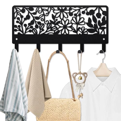 MAYJOYDIY Flowers Leaves Metal Key Hook Plant Theme Coat Hook Wall Mounted 9.8×4.7inch Simple Plants Black Art Key Holder with 5 Hooks for Gift Kitchen Bathroom Clothes Storage - style: Flowers Leaves