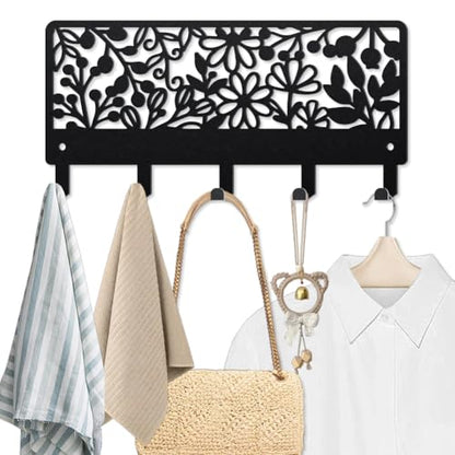 MAYJOYDIY Flowers Leaves Metal Key Hook Plant Theme Coat Hook Wall Mounted 9.8×4.7inch Simple Plants Black Art Key Holder with 5 Hooks for Gift Kitchen Bathroom Clothes Storage - style: Flowers Leaves