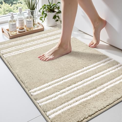 Arenarug Bathroom Rugs 20x32 Extra Soft Absorbent Bath Mat Chenille Non Slip Shower Mat Rubber Backing Machine Washable Bath Mats for Bathroom Shaggy Khaki Bath Rugs for Tub, Hallway - color: Khaki, size: 20''x32''