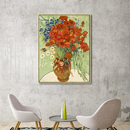 Wieco Art Gold Framed Art Red Poppies and Daisies Large Canvas Prints Wall Art of Van Gogh Famous Artwork Oil Paintings Reproduction Classical Flowers for Living Room Home Decor - size: 32"L x 24"W