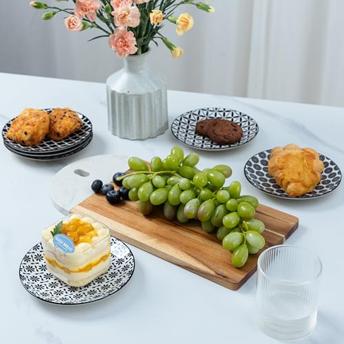 LEHAHA Ceramic 6'' Appetizer Plates Set of 6, Small Dessert/Salad Plates, Black Round Serving Plates, Porcelain Dinnerware Dishes for Cake, Waffle, Pasta,snacks, cookie, Microwave & Dishwasher Safe - color: Black/White