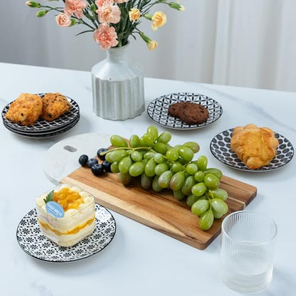 LEHAHA Ceramic 6'' Appetizer Plates Set of 6, Small Dessert/Salad Plates, Black Round Serving Plates, Porcelain Dinnerware Dishes for Cake, Waffle, Pasta,snacks, cookie, Microwave & Dishwasher Safe - color: Black/White