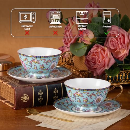 KAMMAK Tea Cups and Saucers Set of 2, Porcelain Coffee Cups, JBE021 | Stackable Espresso Mugs, Ceramic Demitasse for Coffee, Cappuccino, Latte, Americano, Tea - size: 8CZJBE021