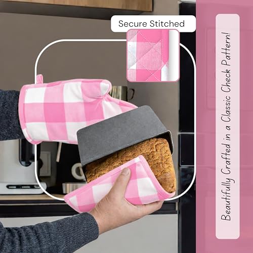 Native Fab Buffalo Plaid Check Oven Mitts and Pot Holders Set of 4, 100% Cotton Heat Resistant Kitchen Gloves, 2 Oven Mitts (7x13), 2 Pot Holders (8x8) for Cooking & Baking, Pink White - color: Buffalo, Rose Pink