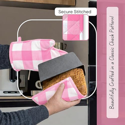 Native Fab Buffalo Plaid Check Oven Mitts and Pot Holders Set of 4, 100% Cotton Heat Resistant Kitchen Gloves, 2 Oven Mitts (7x13), 2 Pot Holders (8x8) for Cooking & Baking, Pink White - color: Buffalo, Rose Pink