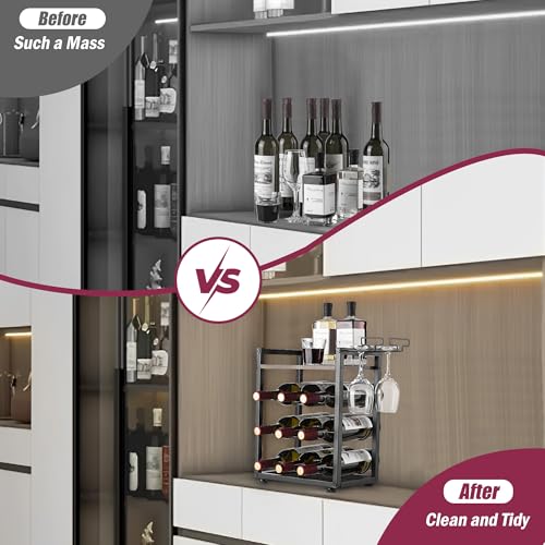 facka Wooden Countertop Wine Rack with Tray, Freestanding Wine Bottle Holder for 9 Bottles & 2 Glasses, Rustic Wine Stand for Home, Bar, Kitchen, Wine Cellar