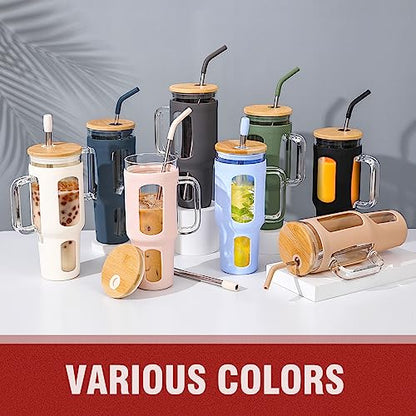 WINSA Glass Tumbler with Lid and Straw, 46 oz, Black | Iced Coffee Cup with Handle, Large Water Bottle with Silicone Sleeve, Pearl Straw & Drinking Straw, BPA Free - color: Black, size: 46 Ounces