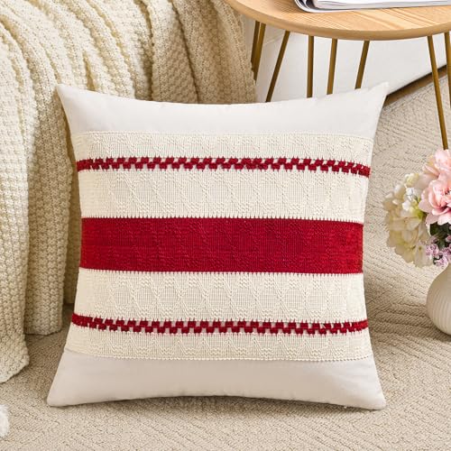 Fancy Homi Set of 1 Boho Red Decorative Throw Pillow Cover 16x16 Inch for Couch Bed Sofa, Aesthetic Modern Organic Farmhouse Home Decor, Soft Cotton Cute Accent Macrame Woven Cushion Case - color: Red, size: 16" x 16" (Pack of 1)