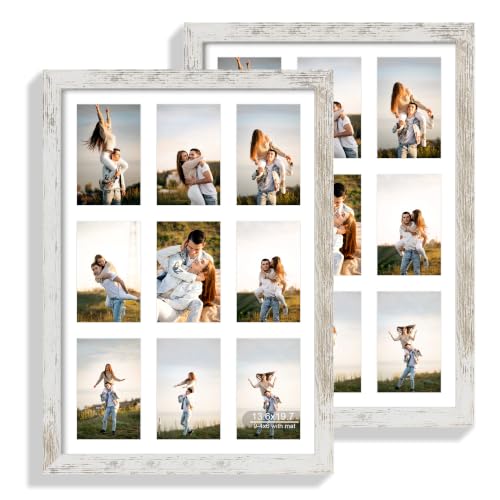 Hongkee 13.6x19.7 Collage Frame for 9 4x6 with Mat - Real Glass Cover | 2 Pack Distressed White Wooden Frame, Nine 4x6 Collage - Horizontal or Vertical Wall Mounting, fits Photos, Posters and Art - color: Distressed White, size: 13.6x19.7 in matted to 9-4