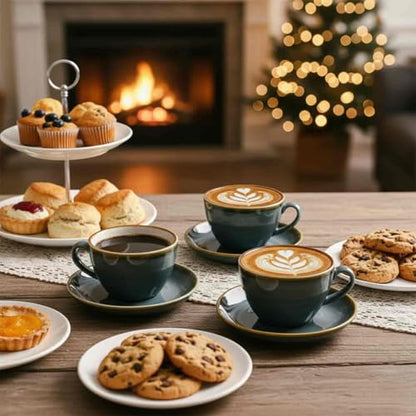 SHUER Ceramic Cappuccino Cup Set of 4, 7.8 OZ Cups and Saucers Set,Coffee Mocha Cup Sets,Black Coffee Cups and Glaze Americano Mugs Great for Party and Low Tea Time (Blue 220ml) - size: Small(220ml)