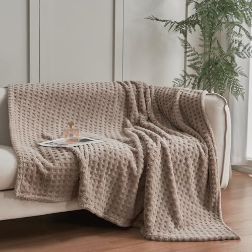 Soft Cozy Fuzzy Fleece Queen Size Blanket, Waffle Light Taupe, 90x90 Inches – Lightweight, Fluffy, and Warm 3D Jacquard All-Season Blanket for Bed, Couch, Sofa, Camping, and Travel - color: Waffle Light Taupe, size: Queen (90" x 90")