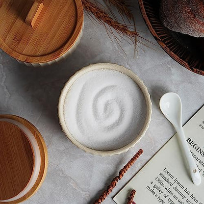 Salt Cellar Keeper with Bamboo Lid, 14oz Big Capacity Ceramic Sugar Bowls Pepper Box, Crackle Glaze Seasoning Container Condiment Pot for Kitchen, (Cream Color), 4″×4″ - color: Cream