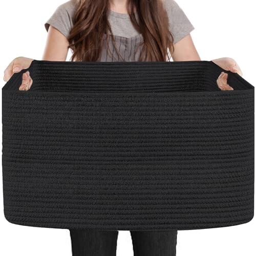 Extra Large Basket for Blankets, 23.6" x 17" x 12" Black Blanket Storage for Living Room, Big Cotton Rope Pillow Holder, Rectangle Kid Dog Toy Bin Box, Woven Laundry Basket, Shoe Bin Entryway - color: Black, size: 23.6"x17"x12