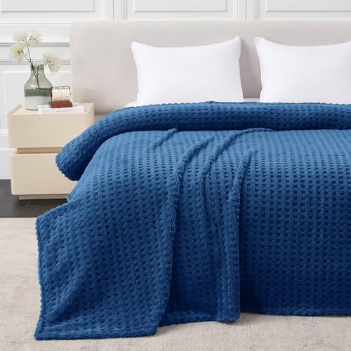 Soft Cozy Fuzzy Fleece Queen Size Blanket, Waffle Navy Blue, 90x90 Inches – Lightweight, Fluffy, and Warm 3D Jacquard All-Season Blanket for Bed, Couch, Sofa, Camping, and Travel - color: Waffle Navy Blue, size: Queen (90" x 90")