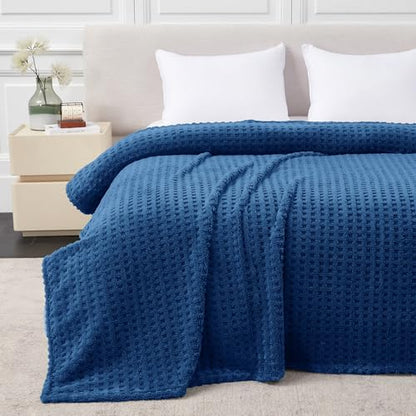 Soft Cozy Fuzzy Fleece Queen Size Blanket, Waffle Navy Blue, 90x90 Inches – Lightweight, Fluffy, and Warm 3D Jacquard All-Season Blanket for Bed, Couch, Sofa, Camping, and Travel - color: Waffle Navy Blue, size: Queen (90" x 90")