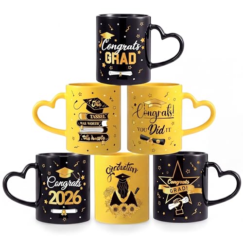 Pickmesh Graduation Coffee Mug Set of 6, 10 oz Ceramic Enamel Cups with Heart Handle, Black Gold Congrats Designs Class of 2026 Drinkware for Grad Gifts & Graduation Party Supplies - color: Black/Gold, style: Graduation