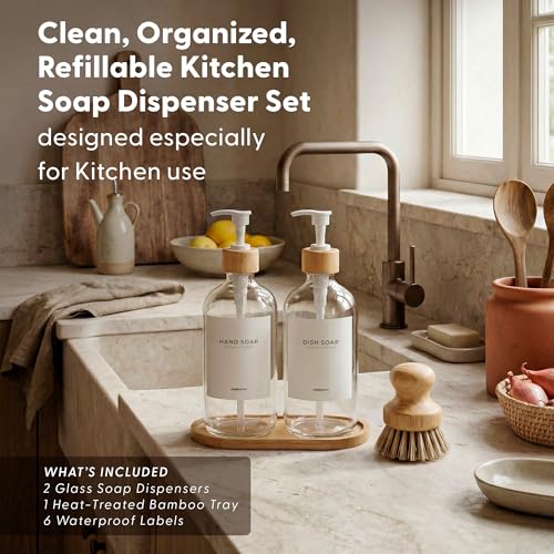 MaisoNovo Glass Dish Soap Dispenser for Kitchen Set of 2-16.9oz Clear Dish and Hand Soap Dispenser Set for Kitchen - Clear Glass Bottles x 2 with White Bamboo Pumps & Tray - color: Clear Bottles/White Bamboo Pumps