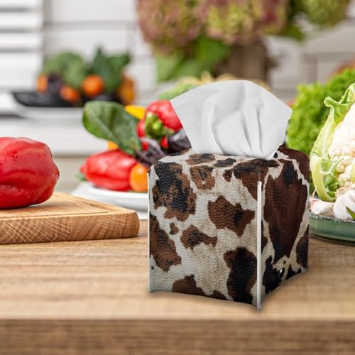 Brown Cow Print Square Tissue Box Holder with Bottom Belt Foldable Napkin Facial Tissue Holder Dispenser Home Car Office Paper Organizer - color: Brown Cow Print