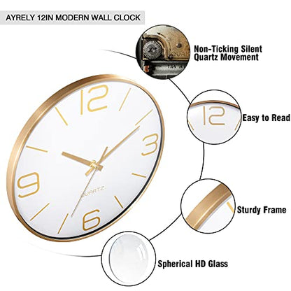 AYRELY® 12 Inch Silent Modern Wall Clocks Battery Operated, Wall Clock for Living Room Décor,Gold Metal Frame Clock Decorative for Bedroom,Kitchen,Office