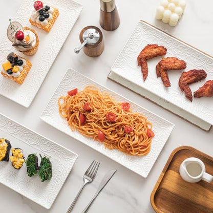 Rectangular Embossed Serving Platter Set, 12 Inch Large Serving Plates, Stackable Serving Tray for Wedding, Ceramic White Serving Platters for Entertaining, Dishwasher & Oven Safe (4PCS)
