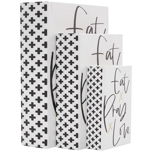 Deco 79 Wooden Decorative Box Eat, Pray, Love Faux Storage Book Book Shaped Boxes with Checkered Spine and Gold Accents, Set of 3 Decorative Keepsake Boxes 11", 8", 6"H, White - color: White, size: 10.65", 8", 6"H