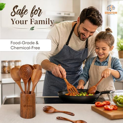 DOSTDR-10 Piece Wooden Cooking Utensil Set Teak Wood Cooking Spoon FoodSafe | NonStick Safe HeatResistant Durable Lightweight FoodSafe SeasonedTeak Ergonomic EasyClean EcoFriendly ScratchResistant