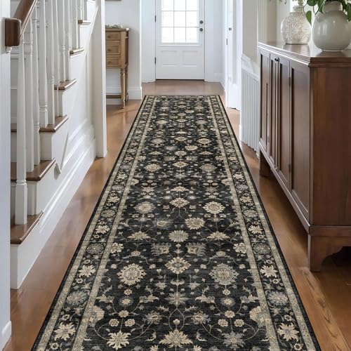 LUXRUG Runner Rugs for Hallway 2.5x10ft Long Non-Slip Black Boho Runner Rug | Washable Low Pile Soft Charcoal Black Vintage Farmhouse Traditional Moody Carpet for Kitchen Living room Entryway Bedroom - color: Charcoal Black, size: 2'6" x 10' (Rectangular)