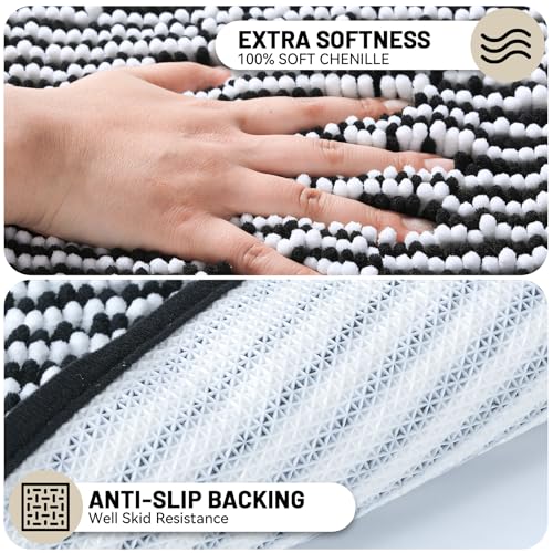 Chenille Bathroom Rugs Set 2 Piece, Absorbent Bath Rugs, Non-Slip Bath Mats, Machine Washable Rugs for Bathroom Floor, Tub and Shower, Black&White (20 × 32 Plus 17 ×24 - Inch) - color: Black &White