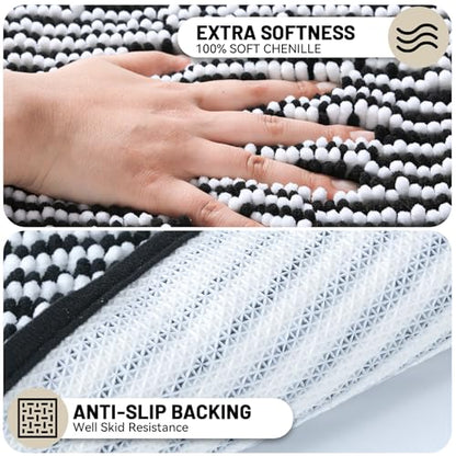 Chenille Bathroom Rugs Set 2 Piece, Absorbent Bath Rugs, Non-Slip Bath Mats, Machine Washable Rugs for Bathroom Floor, Tub and Shower, Black&White (20 × 32 Plus 17 ×24 - Inch) - color: Black &White