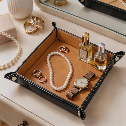 Valet Tray Desktop Storage Organizer, Vegan Leather Catchall Tray Bedside Vanity Tray Nightstand Caddy Holder for Remote Controller, Watch, Keys, Phone, Wallet, Sunglasses, Jewelry, Khaki - color: Khaki