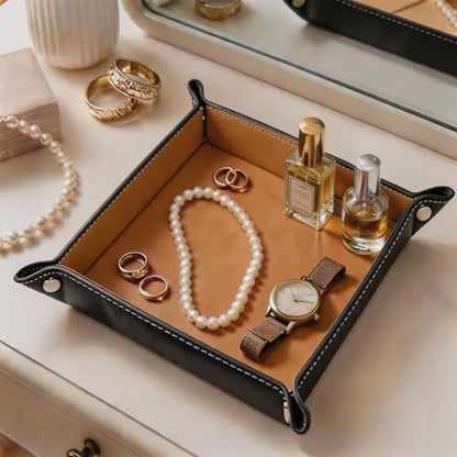 Valet Tray Desktop Storage Organizer, Vegan Leather Catchall Tray Bedside Vanity Tray Nightstand Caddy Holder for Remote Controller, Watch, Keys, Phone, Wallet, Sunglasses, Jewelry, Khaki - color: Khaki