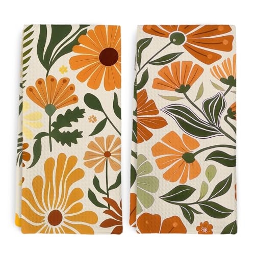 Boho Floral Kitchen Towel and Dish Towel, Beige Bohemian Abstract Flower Decorative Hand Towels Set of 2, Mid Century Botanical Hand Dish Tea Towels for Kitchen Bathroom Decor, 16x24 Inch - color: Beige Bohemian