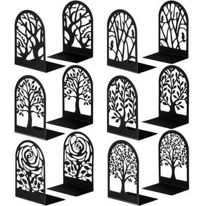 Feifeiya 6 Pairs Decorative Book Ends Metal Bookends for Shelves Black Metal Heavy Duty Book Ends Holder Supports Stoppers for Home Office School, 6.9x4.9x3.5”(Tree and Flower) - style: Tree and Flower