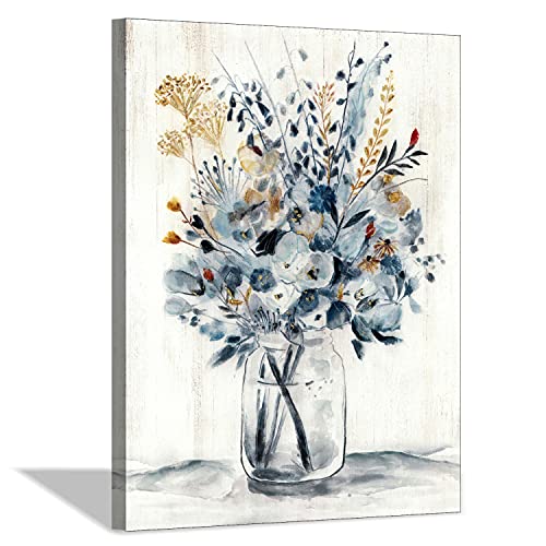 Hardy Gallery Abstract Flower Painting Wall Art: Botanical Flower Bouquet in Crystal Vase Picture Print on Wrapped Canvas for Home Kitchen (24'' x 18'' x 1 Panel) - color: Floral wall art, size: 24"L x 18"W