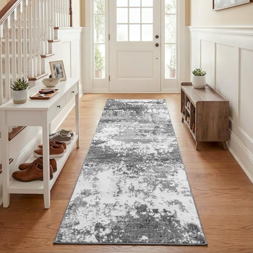 Grey 2x5 Washable Entryway Runner Rug Non Slip for Hallways Kitchen | Bathroom Rug Runners with Rubber Backing 5ft Long Carpet for Laundry Room, Low Pile Stain & Fade Resistant, Abstract Gray - color: Grey, size: 2' X 5' (Runner)