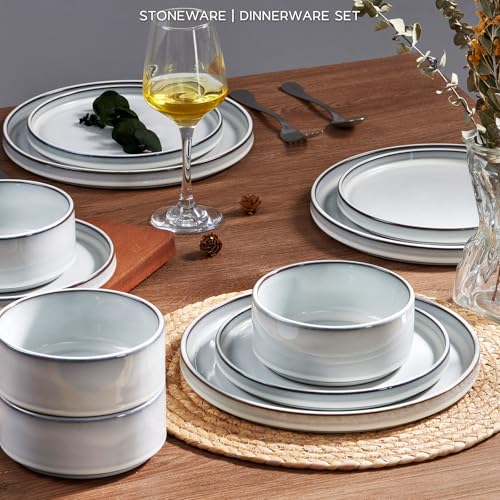 Onader Stoneware Dinnerware Sets, 12 Piece Plates and Bowls Dish Sets for 4, Ceramic Dishware Dining Ware with Rustic Terracotta Bottom - Glacier White - color: Glacier White