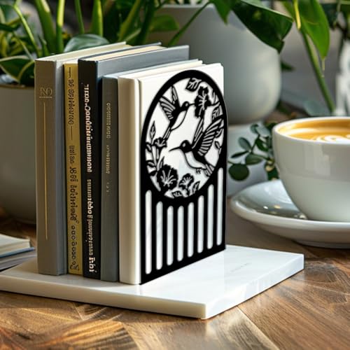 5.3"x4.3"x7.9" Metal Bookends, Heavy Duty Book Ends for Shelves | Hummingbird and Flower Theme Cast Iron Book Supports, 1 Pair Decor Stoppers for Desk, Library, Office & Home Shelves - style: Hummingbird and Flower