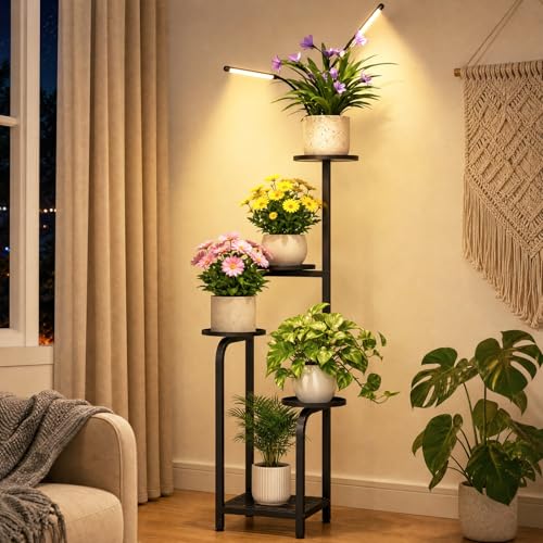 TOSKING Tall 5-Tier Metal Plant Stand with Grow Light for Indoor Corners | Black | Full-Spectrum Lighting | Adjustable Plant Care | Heavy-Duty Construction | Anti-Tip Base | Space-Saving Vertical - color: Black, size: with Grow Light