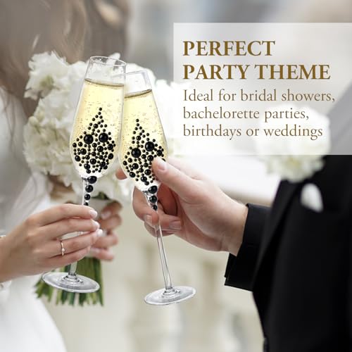MyGift Champagne Flutes 6 oz, Clear Glass Stemmed Toasting Glasses with Faux Black Pearls – Wedding, Bridal Shower & Bachelorette Party Glassware Set of 4 - color: Black