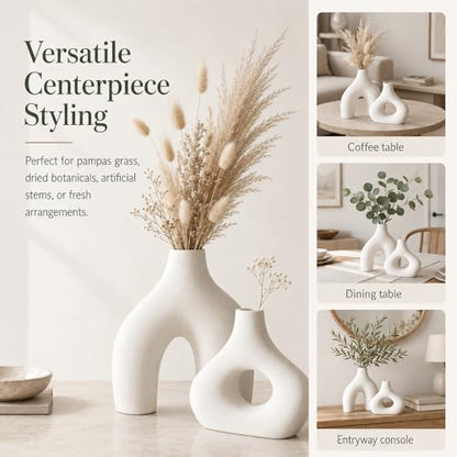 White Ceramic Donut Vase Set of 2, Modern Boho Table Decor | Ideal for mantels, consoles, dining tables, entryways, bedrooms, offices, shelves, coffee tables and nightstands.