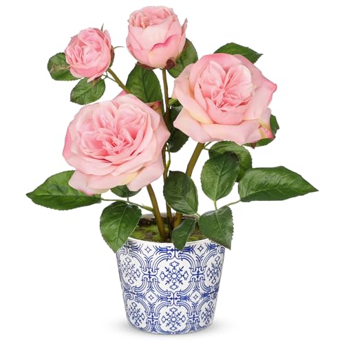 Hollyone Pink Real Touch Roses Artificial Flowers in Vase Blue and White Porcelain Ceramic Pot 13.4" Fake Roses Flower Arrangement Artificial Plants & Flowers Potted Plant Faux Silk Rose Flower - color: Rose 3 - Pink (13.4inch)